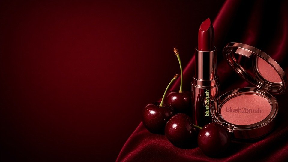 Blush2Brush cherry lipstick and branded blush compact in a burgundy beauty campaign