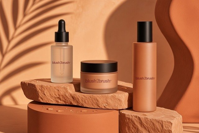 Blush2Brush serum, moisturiser and cleanser in a warm skincare still life