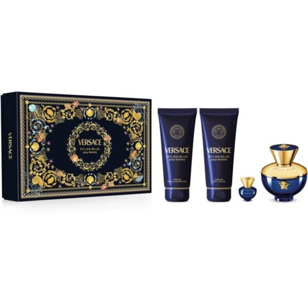 Versace Versace Dylan Blue Pour Femme Eau de Parfum 100 ML + Sublime Bath & Shower Gel 100 ML + Sublime Body Lotion 100 ML + Miniature EDP 5 ML – authentic in Egypt
