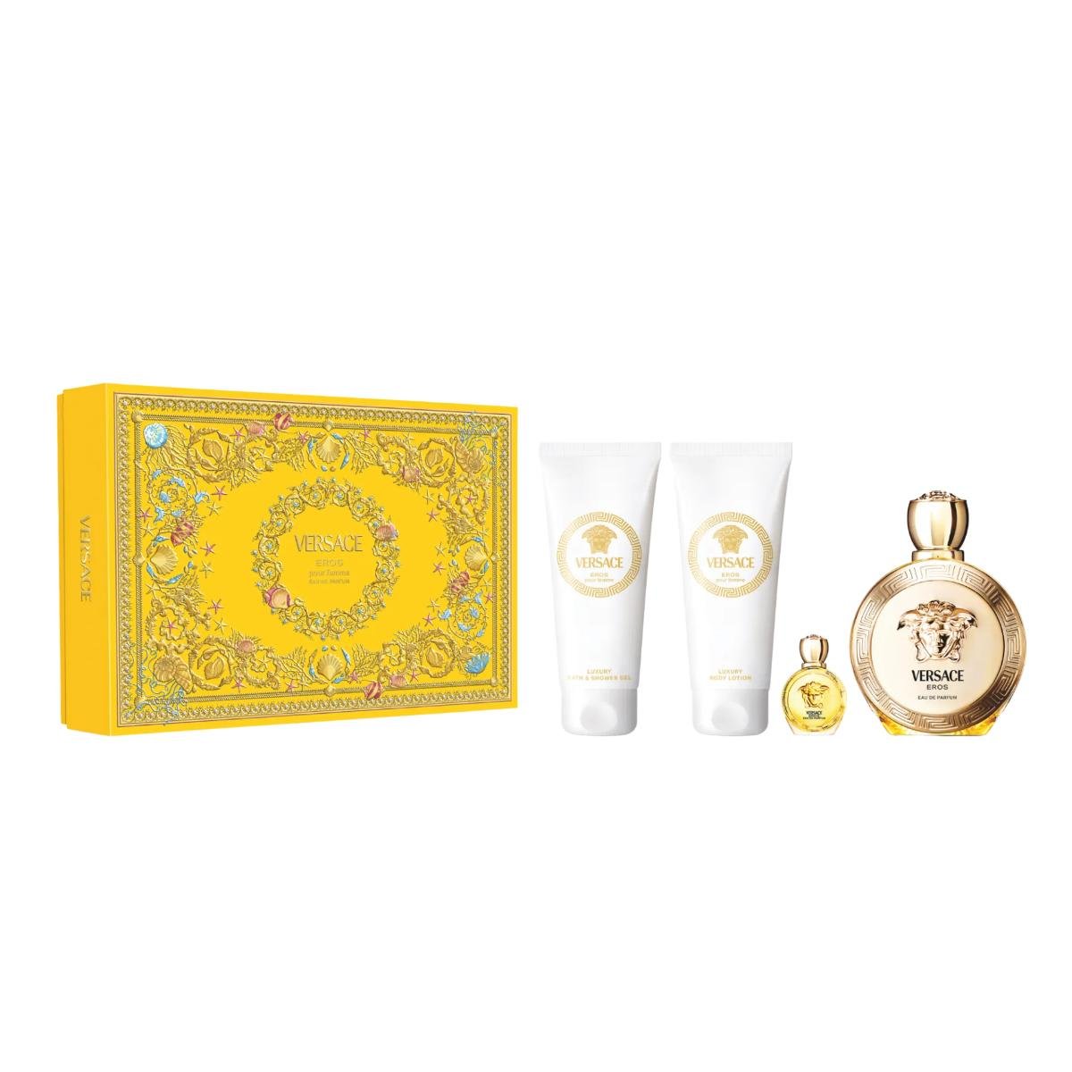 Versace Eros Pour Femme Eau de Parfum 100 ML + Luxury Bath & Shower Gel 100 ML + Luxury Body Lotion 100 ML + Miniature EDP 5 ML Versace Versace Eros Pour Femme Eau de Parfum 100 ML + Luxury Bath & Shower Gel 100 ML + Luxury Body Lotion 100 ML + Miniature EDP 5 ML – authentic in Egypt
