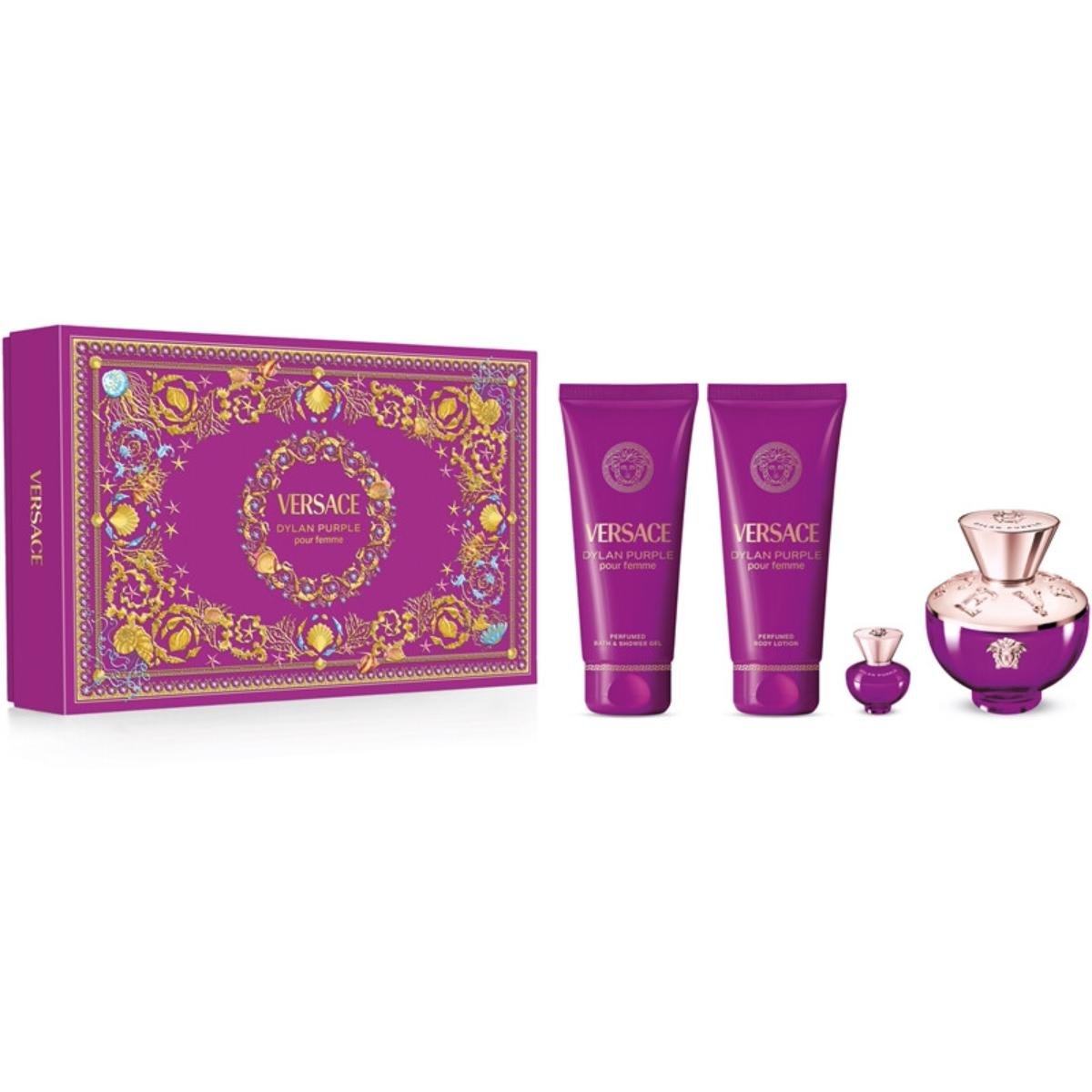 Versace Dylan Purple Eau de Parfum 100 ML + Perfumed Bath & Shower Gel 100 ML + Perfumed Body Lotion 100 ML + Miniature EDP 5 ML Versace Versace Dylan Purple Eau de Parfum 100 ML + Perfumed Bath & Shower Gel 100 ML + Perfumed Body Lotion 100 ML + Miniature EDP 5 ML – authentic in Egypt